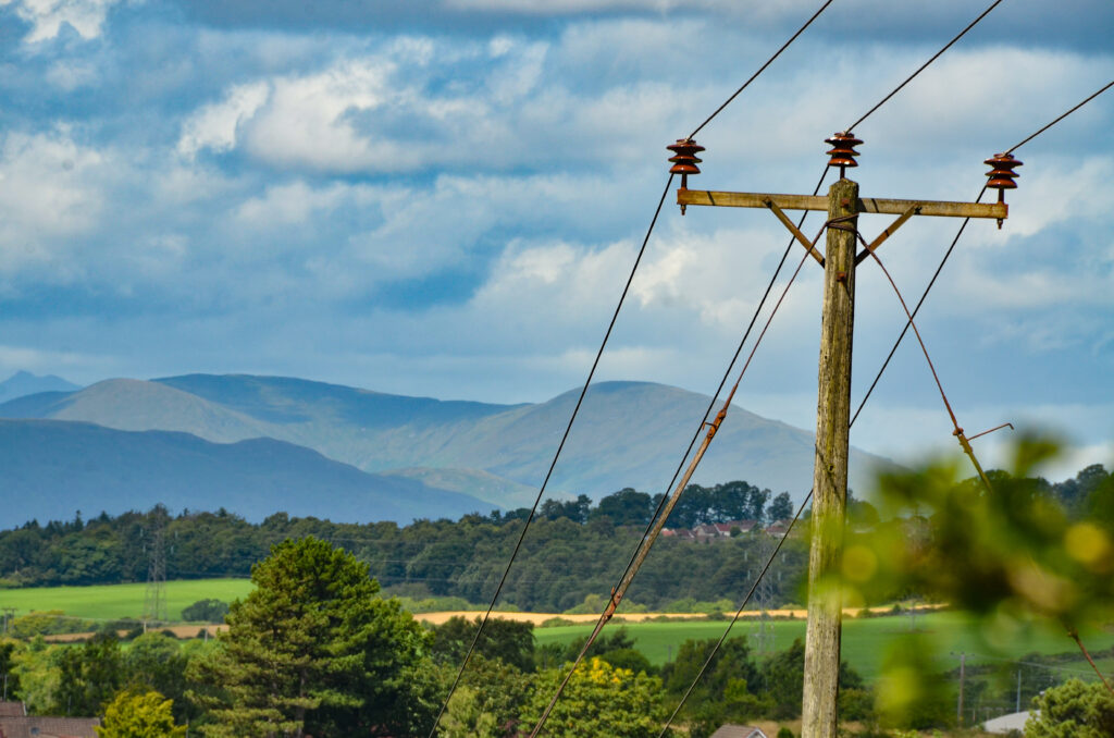 High voltage electric transmission towers. High-power electricity generators in Dumbarton.