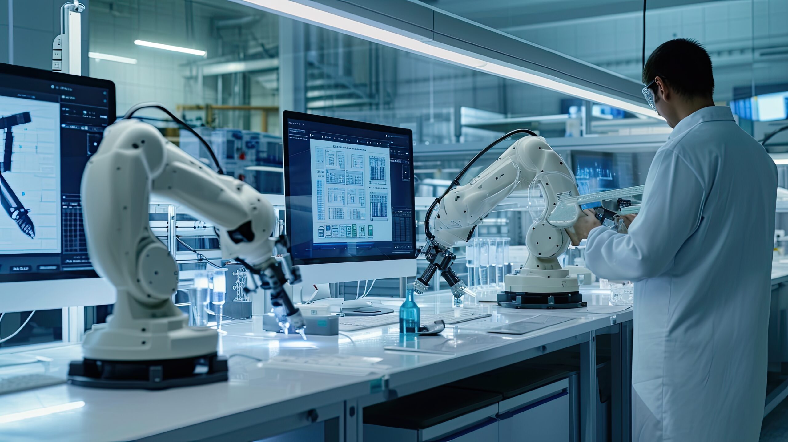 modern high-tech laboratory, people and robotic assistants work with chemical reagents, a robotic arm manipulator helps a scientist in research, medical development, robotics, AI generated